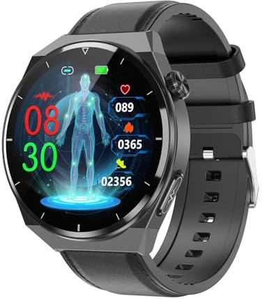 D'llesell TK20 Smartwatch, ECG Blood Pressure, Blood Oxygen, Heart Rate, SpO2, Pedometer, Body Temperature Monitoring, Multifunctional Sports Bracelet (Black + Leather)