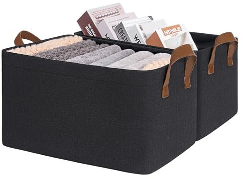 TIMEYARD Black Storage Basket Clothes Storage Boxes, Small storage baskets for Shelves, Foldable Storage Box with Handles, Shoe Basket for Entryway, Bedroom, 37½ x 26 x 21 cm, 2-Pack