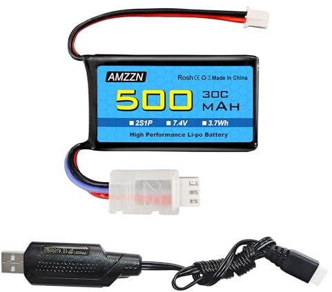 AMZZN 7.4V 500mAh 30C PH2.0 Plug Lipo Battery With USB Charging Cable for AX24 SCX24 RC Car, Compatible with Most 1/10, 1/16, 1/18, 1/24 Proportional Remote Control Trucks, RC Drones