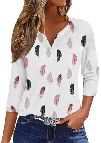 Ventes Flash HUIFUAO T-Shirts pour Femmes, T-Shirts d'été à Boutons avec col en V et Manches 3/4 pour Femmes, Haut rayé de Couleur, t-Shirt d'été Basique pour Femme, Coupe Ample, Z10 Blanc, M