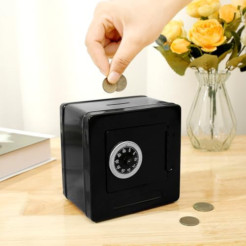 Piggy Bank Cash Box with Combination Lock Safe Storage Box Piggy Bank Black Coin Bank Multipurpose Cash Storage Box Money Saving Box Gift for Kids Adults 13.5x13.5x9.5cm #