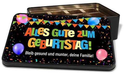 Geschenkdose personalisiert „Alles Gute zum Geburtstag“ - Geschenk-Verpackung - Metalldose zum Selbstbefüllen, 18x11 cm, Motiv: Konfetti, Luftballons