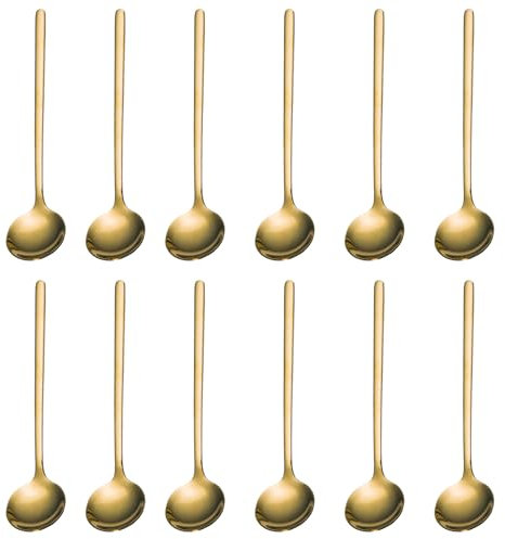 Olleco Juego de 12 cucharillas doradas, cucharas de café de acero inoxidable, cucharas de postre, cucharas pequeñas para azúcar, helados, pasteles, 13 cm, elegantes e inoxidables