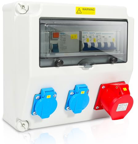 Daromigo Wandverteiler mit Leitungsschutzschalter 16A und Fi schalter, 2x16A 230V+1x16A 400V CEE 5 polig, Stromverteiler mit Sicherheitsklappdeckeln, Cee Verteiler IP44