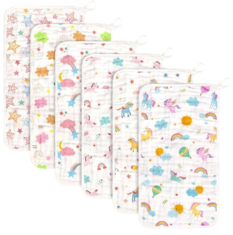 decalsweet 6 Stück Spucktücher Baby aus 100% Baumwollem 50x30cm, Moltontücher Baby Weich Atmungsaktiv und Saugfähig Mulltücher, Mulltücher Baby Baumwollwindeln für Neugeborenen Geschenk(Einhorn