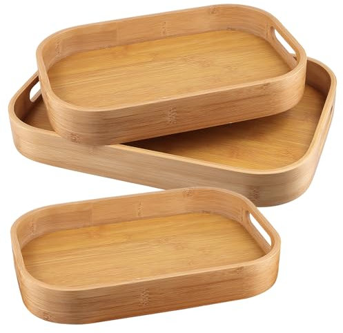 JIEHIN Set di 2 vassoi da portata in bambù con manici, vassoio in legno, 33 x 22 x 4 cm e 40 x 28 x 5 cm, in legno, per cene, tè, caffè, colazione, feste