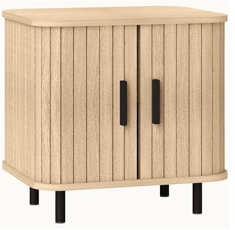 HOMCOM Bedside Table, Nordic Side Table with Roller Shutter Style Sliding Doors and Metal Legs for Bedroom, Living Room, Oak Tone