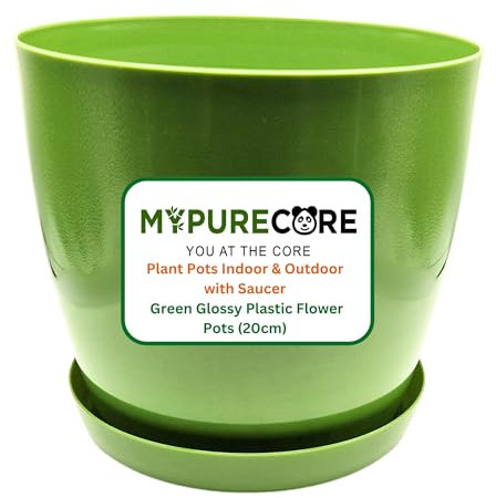 MYPURECORE Plant Pots Indoor 20cm with Saucer – Stylish Glossy Plastic Flower Pot – Durable Indoor & Outdoor Planter for House Plants, Herbs, & Succulents (Green, 20 cm)