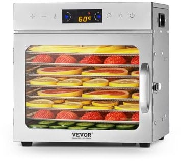 VEVOR Essiccatore per Alimenti 8 Vassoi in Acciaio Inox, Essiccatore Elettrico per Alimenti 400 W Temperatura Regolabile Timer per Carne Secca, Frutta, Verdura, Erbe Aromatiche, Dolcetti per Cani
