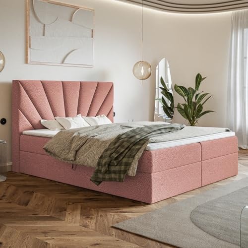 MOTIVENA Aspen Boxspringbett 180x200 mit Bettkasten und Topper, Polsterbett 180x200 mit Bettkasten, Bonellfederkern-Matratze (H4), Visco Memory-Foam Topper (H2), Boucle, Rosa (Pink)