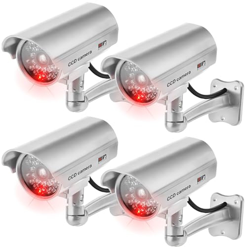 GAOUTO 4 Stück Dummy Kamera, Attrappe Kamera CCTV, Dummy Überwachungskamera mit Blinkender LED Fake Sicherheitskamera für Außen und Innen, Kamera Atrappe für Zuhause und Büro Überwachung in Silber