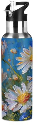 Mexpekil Art Painting Daisy Flower Florals Water Bottles 600ml Insulated Stainless Steel Water Bottle with Straw Leakproof Vacuum Flask for Kids Adults