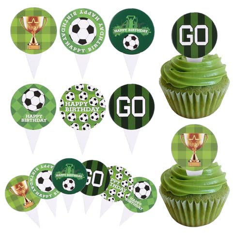 Apausvcm 48 Stück Fussball Cupcake Topper,Fussball Kuchendeko Junge,Kinder Fußball Tortendeko,Fußball Geburtstagstorte Topper Deko,für Sport Party Geburtstagsfeie Babyparty Muffin Torten Deko