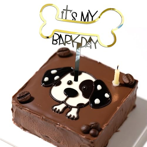 1 x Hunde-Geburtstagskuchen-Dekorationseinsatz – für Hunde Geburtstag | Goldener Hunde Knochen Kuchenaufsatz – Acryl Haustier Welpen Kuchen Topper Deko – Stylische Haustier Kuchenaufsatz Deko