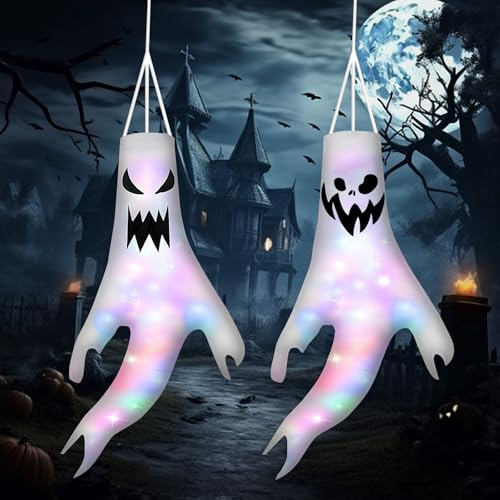 Halloween Deko Outdoor, 2 Stück Geister Windsäcke mit Bunt Lichterkette, Halloween Deko Garten, Ghost Windsack für Party Horror Hängen Dekoration