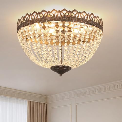 meibeileil Kristall Deckenleuchte Vintage Round,E14 Schwarz-Gold Deckenlampe 3-Licht,Antik Bronze Eisen Base Kristall Kronleuchter Chandelier,Wohnzimmer,Esszimmer,Villa Deckenlampe Schwarz 60W,Ø46cm.