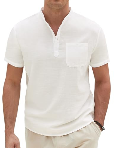 Xnova Camisa Algodón Y Lino Hombre Camisas Hombre Manga Corta Verano Camiseta Henley Adulto Playa Informal Elegante con Botones Corte Regular Camisetas, Blanco, L