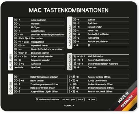 younikat Mauspad mit Mac Tastenkombinationen aktuelle Version - 24 x 19 cm Standardgröße I Mousepad rutschfest abwischbar I Tastenkürzel Übersicht Shortcuts I you0130