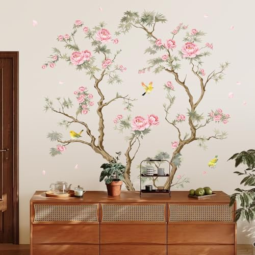 SHUCHING Wandtattoo Baum Ast Rosa Groß | Wandsticker Blumen Rosa, Selbstklebende Wandaufkleber für Wohnzimmer Schlafzimmer Erwachsene