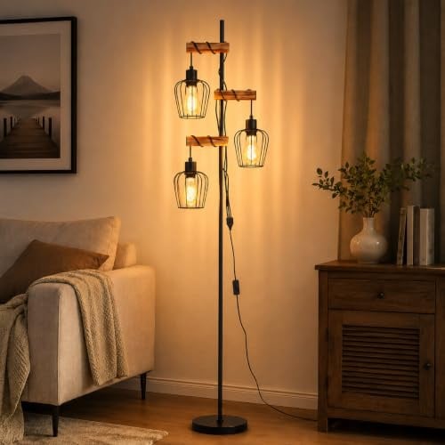 ZMH Vintage Stehlampe Wohnzimmer Holz Industrielle Stehleuchte 3 flammig | Wohnzimmerlampe Stehend mit E27 Fassung Retro Standlampe Leselampe rustikal Bodenlampe für Schlafzimmer – Ohne Leuchtmittel