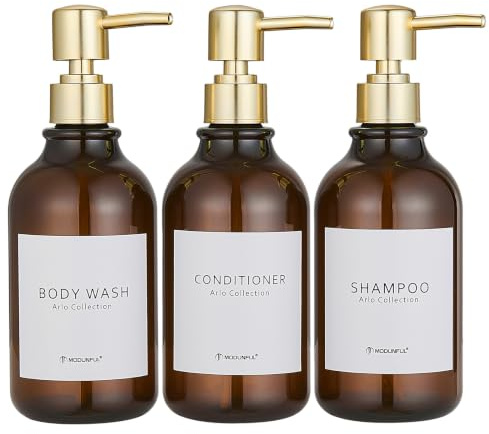 MODUNFUL Hand and Dish Soap Dispenser Set of 3 for Kitchen & Bathroom | Shampoo & Shower Gel Dispensers with Labels and Funnel,Countertop Washing Up Liquid Dispenser,Amber Bottle & Gold Pump