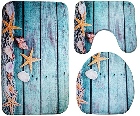Asnlove Badematten Set 3tlg, 3er Badgarnitur Badezimmer Matte Set Dusch Bade Matte Vorleger Teppich 3D Muster für Wohnzimmer, Schlafzimmer, Schwimmbad Toilet - Starfish Blau