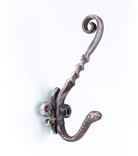 Antikas Antiker Kleiderhaken mit Lilie und Schlange | handgefertigtes Eisen | 15 x 7 cm | grau meliert | Garderobenhaken Vintage