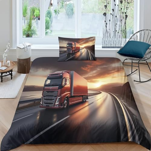 GEEYOU Lorries Bedding Set Kissenbezug Trucks Bettdeckenbezug Verstecktes Scharnier Bettbezug Atmungsaktiv Duvet Cover Set Baumwolle Steppdeckenbezug Single(135x200cm)
