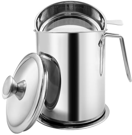 Zalaxt Speckfettbehälter mit Sieb, 2,1 l Fettsieb und Behälter mit staubdichtem Deckel, 304 Edelstahl Ölfilteraufbewahrung mit feinem Netz, 2,1 l