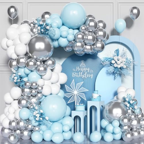 137Pcs Blue Silver White Balloon Arch Kit, Pastel Blue Metallic Silver White Balloons Garland Kit for Birthday Bridal Baby Shower Congratulations Wedding Anniversary Party Decorations Supplies