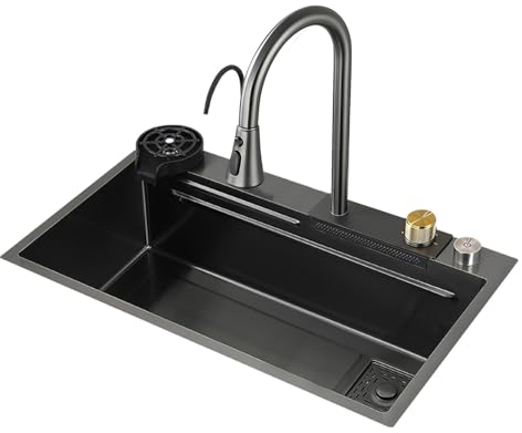 Fregadero de Cocina, lavavajillas de un Seno con Cascada en Acero Inoxidable 304 Gris, caño de Control sobre encimera con Grifo extraíble, encimera Domestic Nano Sink (S : 80 * 45 * 22cm)