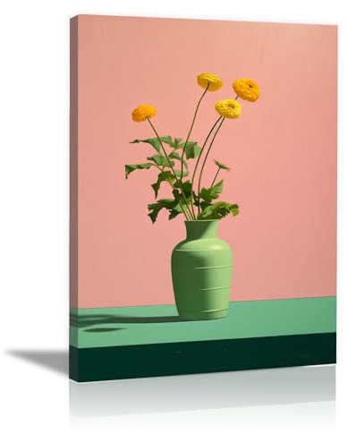 SHYAMIC Rose Affiche Decoration Murale En Toile, Fleurs jaunes dans un vase vert Tableau esthétique décor de chambre à coucher pour décor de vacances -50x70cm Encadrée