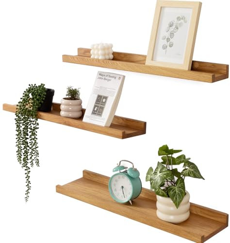 Gieanoo Bilderleiste Holz, 3er-Set Eiche Wandregal Holz Regal Massiv Schweberegal gewürzregal regalbrett Ideal für Wohnzimmer Schlafzimmer Natürliche, 60x10/12/15cm