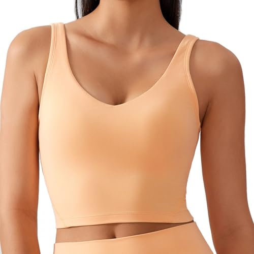 Lemedy Damen-Sport-BH, geformte Körbchen, lang, bauchfrei, gepolstert, Workout, Laufen, Yoga, hellorange, X-Groß