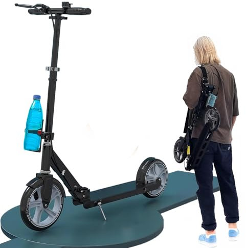 Scooter Cityroller Erwachsene 150 kg Tragkraft, Cityroller Scooter 230 mm Räder PU Big Wheel, City Roller Kinder 10 Jahre, klappbar und Höhenverstellbar mit Bremsen und Stoßdämpfern,Schwarz grau