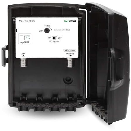 TECHZOCO Amplificador mastil, Ganancia de 30dB Regulable manualmente y Filtro LTE2 5G Integrado, Adaptado al 2º Dividendo Digital, IP55, Consumo 48 mA, Alimentacion 24 VDC, 1 Entrada 1 Salida