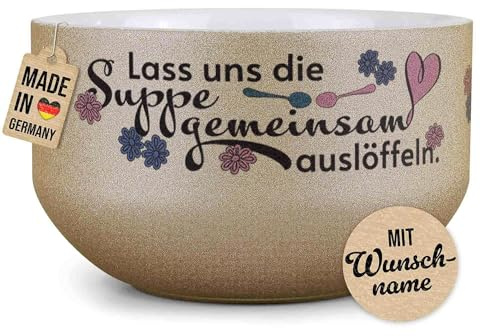 Print Royal PR Glitzer Müslischale mit Namen selbst gestalten - Suppe gemeinsam auslöffeln - Geschenk zur Hochzeit, Valentinstag, Paare - Personalisierte Geschenke, Keramik, Gold 500 ml