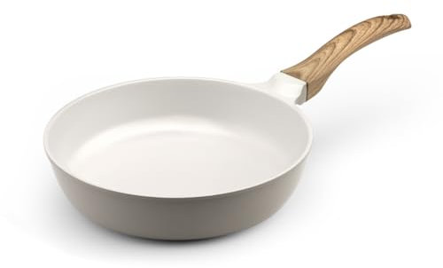Cuisinox - Mythic - Poêle 24 cm avec revêtement en céramique blanche - Poignée Fixe Soft Touch effet bois - Sans PFOA et PFAS - Coloris Blanc et Gris