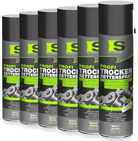 Spraytive 6 x 500ml Profi Trockenkettenspray – Kettenspray mit PTFE, Kettenfett für Fahrrad, Motorrad, Maschinen & Zahnräder – haftstark – kein Abschleudern – Allwetterschutz - Made in Germany