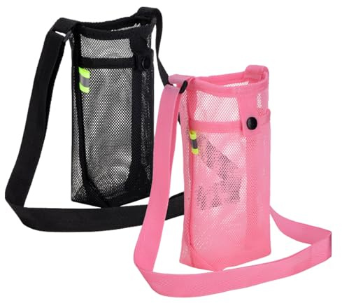 InteDesign 2PCS Mesh Water Bottle Carrier, Portable Water Bottle Bag with Adjustable Strap, Lightweight Water Bottles Carrier, Sports Bottles Bag for Hiking, Walking, Camping, Travel (Black Pink)