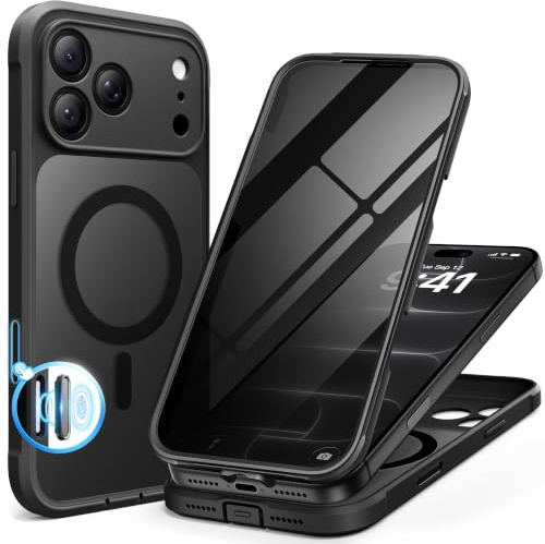 BERFY for iPhone 17 Pro Max Case, Compatible with Magsafe, Black | Built-in Privacy Screen Protector, Full Camera Protection, Shockproof Full Body Translucent Matte Magnetic Phone Case 6.9