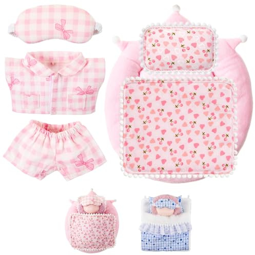 Simgoing 6 Pcs 17cm Doll Pajamas and Bedding Set Cute Pajamas Outfit with Eye Mask Bed Kit with Pillow Mattress Blanket for 17cm Doll Sleeping Set Dollhouse Accessories (Pink Plaid Butterfly)