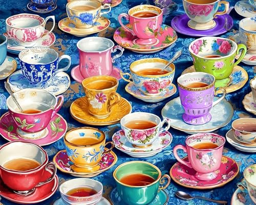 Springbok Afternoon Tea 1000 Piece Jigsaw Puzzle for Adults | Unique Cut Pieces, Made in USA, Eco-Friendly Materials, Poster Included featuring vintage colorful tea cup collage