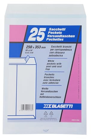 Blasetti 0538 Weiße Taschenumschläge mit Selbstklebeverschluss Größe 25x35,3 cm 80 gr/qm in einer Packung mit 25 Stück Weiß
