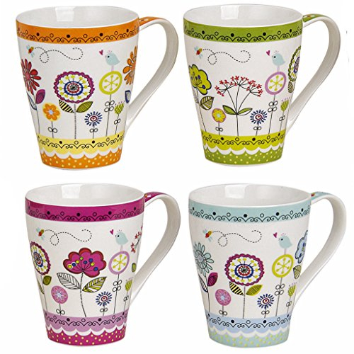 Becher Kaffeebecher Teetassen Set Groß aus Porzellan in weiß mit Blumen