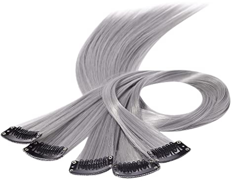 Beauty7 DIY Farbige Haarverlängerungen haarsträhnen zum einklipsen Bunte zum einflechten mit Haarclips strähnchen clip in extensions Haarteil Perücken Highlights Hair für Mädchen 50cm 5stk Grau