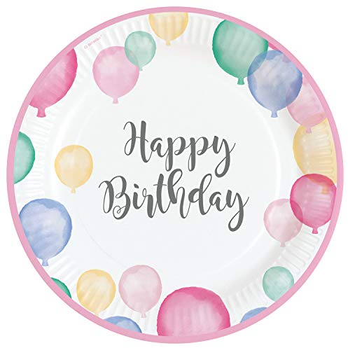Amscan 9903708 - Teller Happy Birthday Pastel, 8 Stück, ca. 23 cm, Geburtstag, Papier, Einwegteller