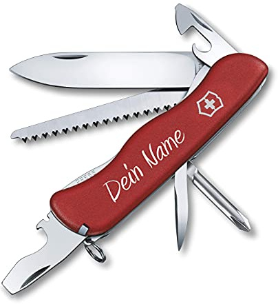 Taschenmesser Trailmaster mit Wunsch Druck auf der Schale I Geschenk für Männer Frauen I zum Geburtstag I Schweizer Taschenmesser personalisiert mit 12 Funktionen 0.8463 (rot)