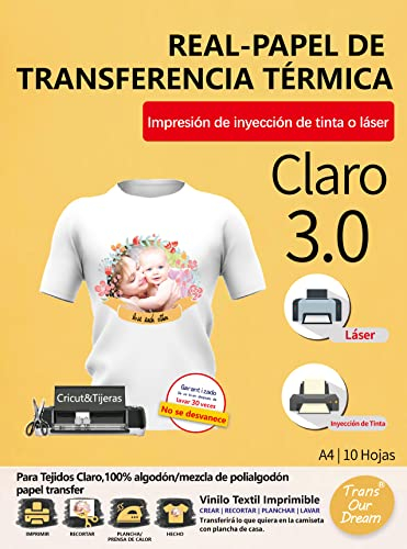 TransOurDream-Papel de Transferencia Para Tejido Claro,Nueva versión mejorada 3.0(A4X10 Hojas),Papel Transfer Apto Tinta o Láser, vinilo HTV,Transfer paper Perfecto para Fiesta.ES-03-10