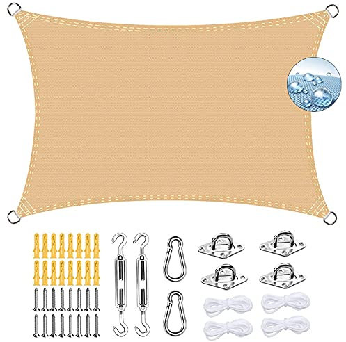 ERPENG Sonnensegel 4.5x5.5m Wetterfest,95% UV Schutz Balkonverkleidung mit Seilen und Befestigungs Kit Hochwertigem Polyester für Balkon, Schwimmbad, Kleiner Garten, Beige